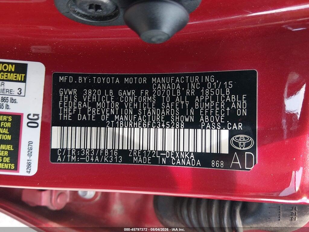 2T1BURHE6FC345288 2015 TOYOTA COROLLA photo no. 9