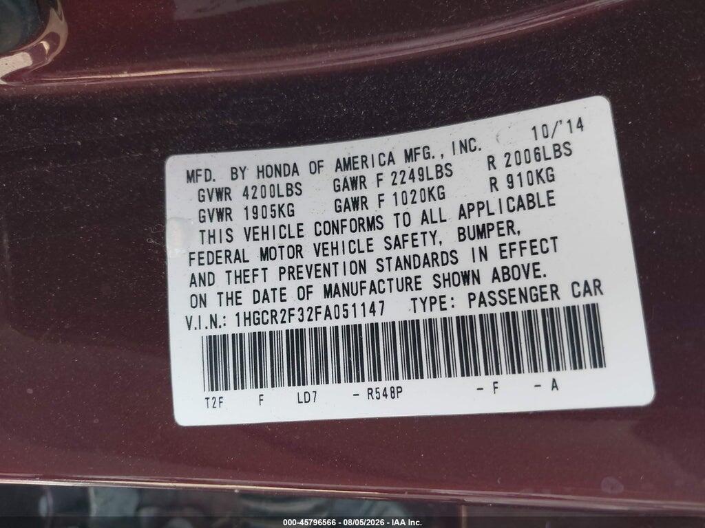 1HGCR2F32FA051147 2015 HONDA ACCORD photo no. 9