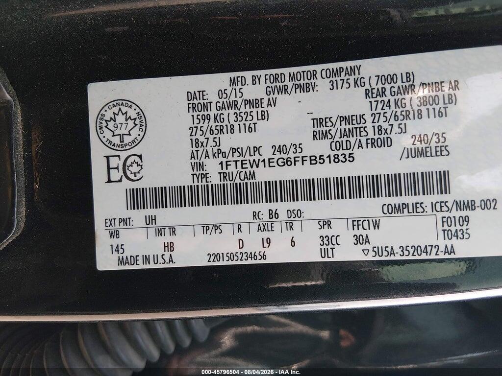 1FTEW1EG6FFB51835 2015 FORD F-150 photo no. 9