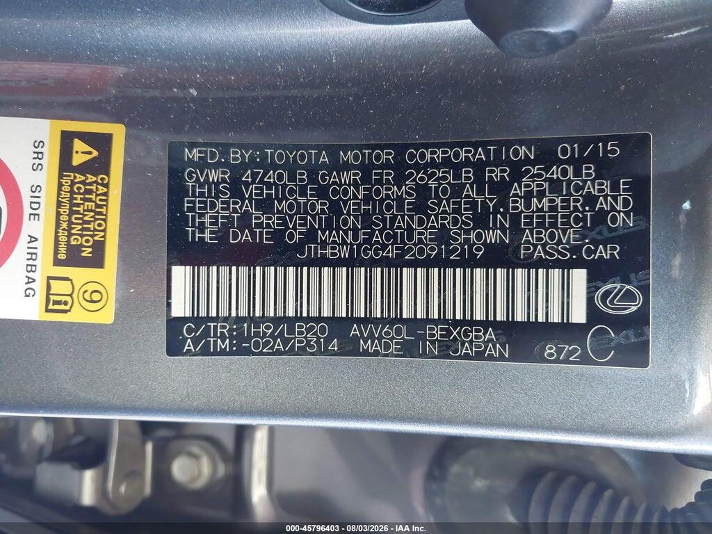 JTHBW1GG4F2091219 2015 LEXUS ES 300H photo no. 9