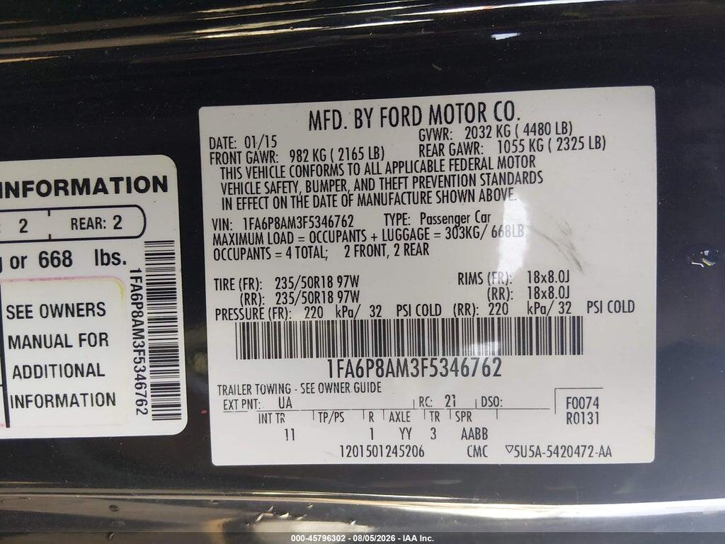 1FA6P8AM3F5346762 2015 FORD MUSTANG photo no. 9