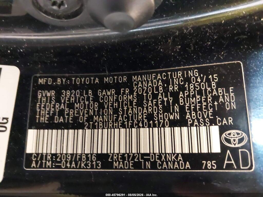 2T1BURHE1FC401170 2015 TOYOTA COROLLA photo no. 9