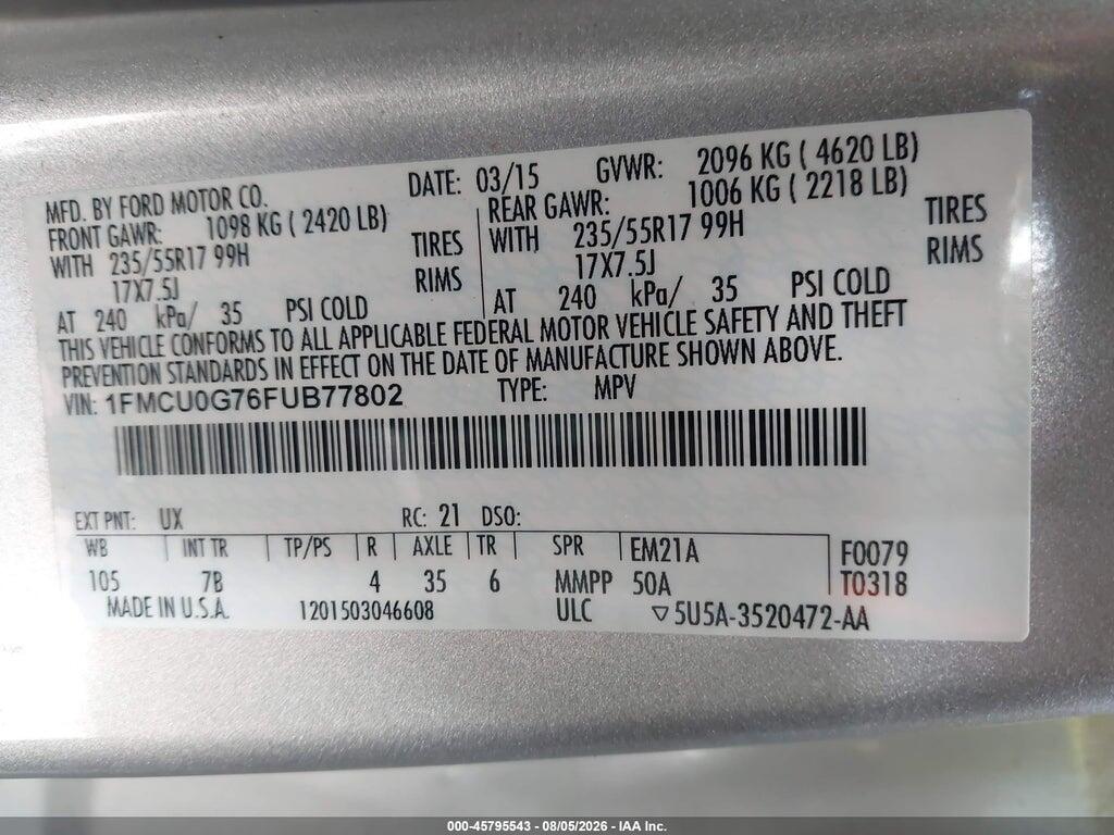 1FMCU0G76FUB77802 2015 FORD ESCAPE photo no. 9