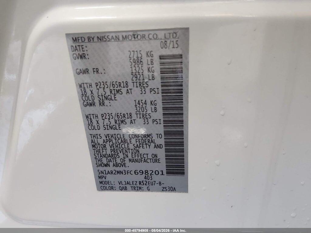 5N1AR2MN3FC698201 2015 NISSAN PATHFINDER photo no. 9