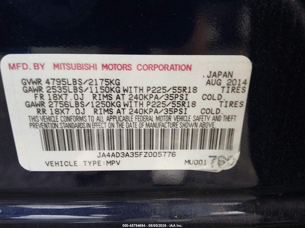 JA4AD3A35FZ005776 2015 MITSUBISHI OUTLANDER photo no. 9