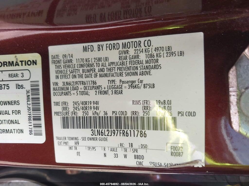 3LN6L2J97FR611786 2015 LINCOLN MKZ photo no. 9