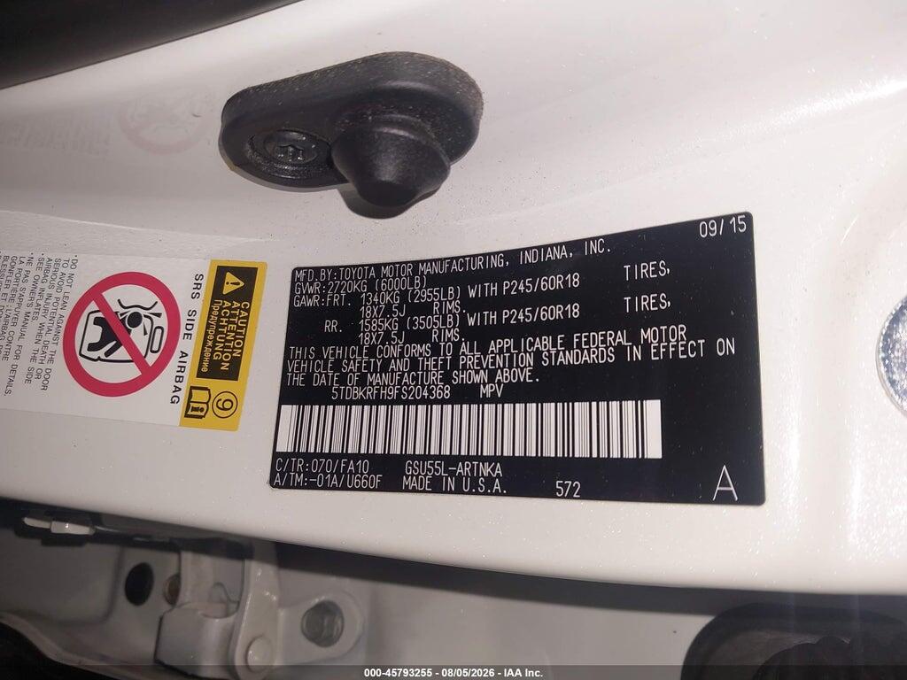 5TDBKRFH9FS204368 2015 TOYOTA HIGHLANDER photo no. 9