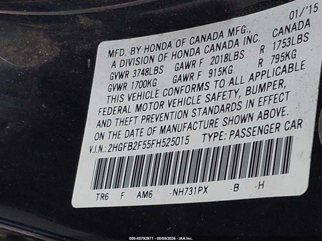 2HGFB2F55FH525015 2015 HONDA CIVIC photo no. 9