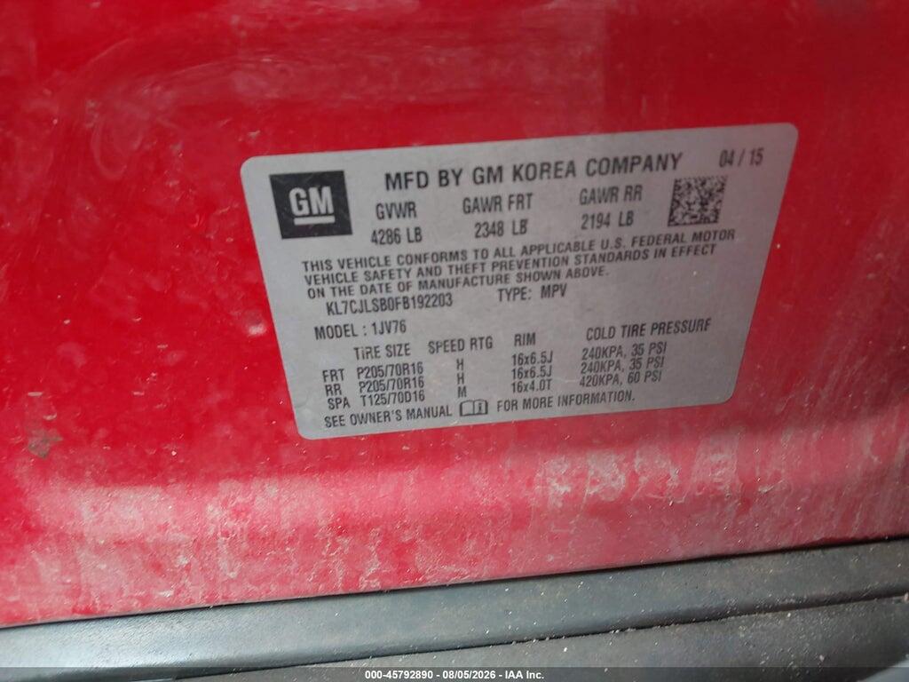 KL7CJLSB0FB192203 2015 CHEVROLET TRAX photo no. 9