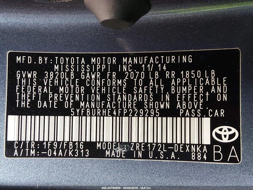 5YFBURHE4FP229295 2015 TOYOTA COROLLA photo no. 9