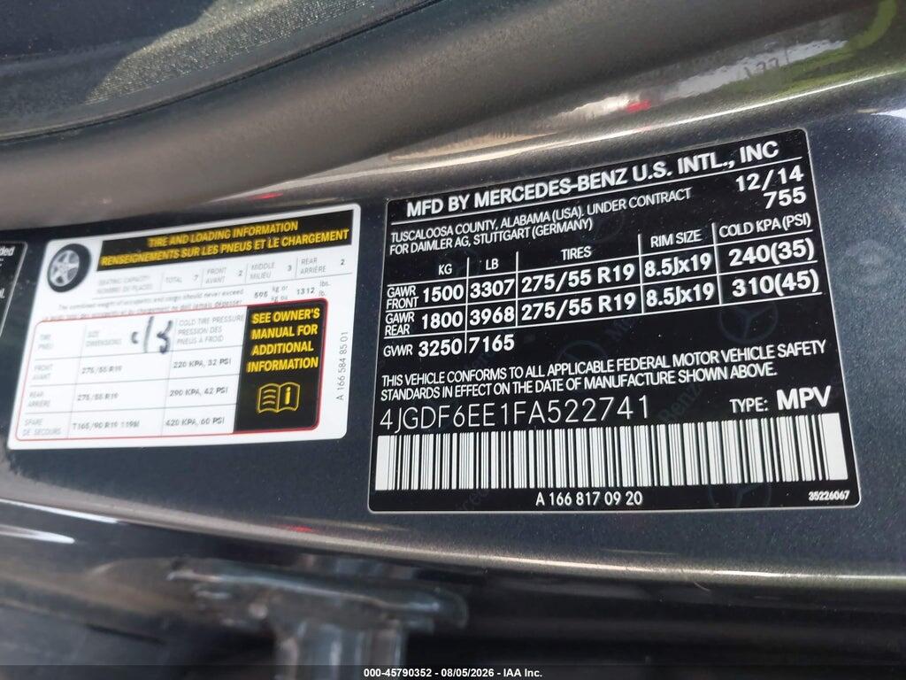 4JGDF6EE1FA522741 2015 MERCEDES-BENZ GL 450 photo no. 9