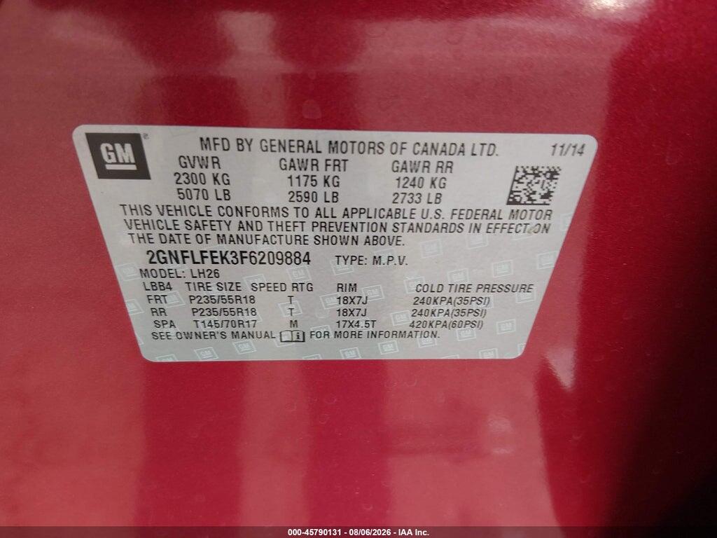 2GNFLFEK3F6209884 2015 CHEVROLET EQUINOX photo no. 9