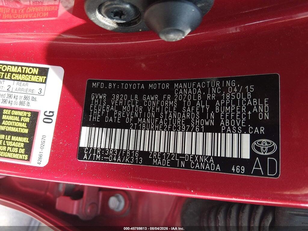 2T1BURHE2FC397761 2015 TOYOTA COROLLA photo no. 9