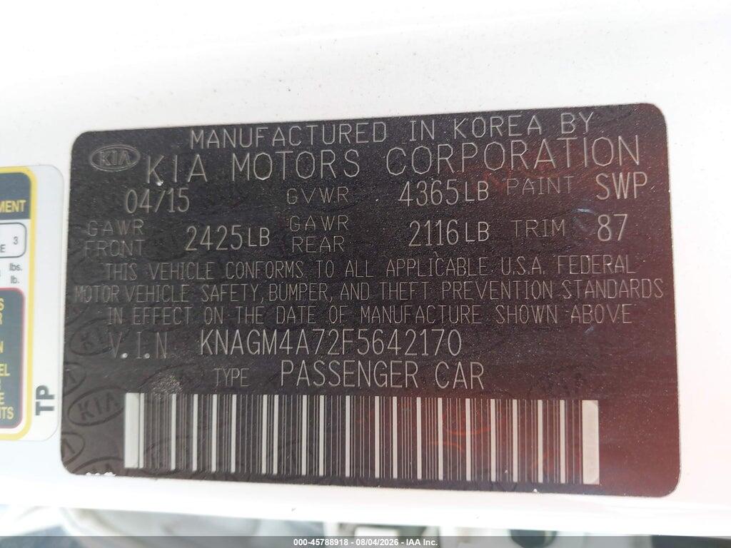 KNAGM4A72F5642170 2015 KIA OPTIMA photo no. 9
