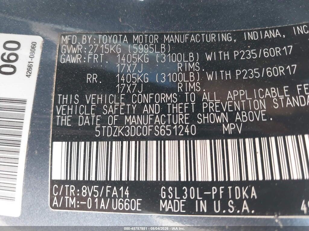 5TDZK3DC0FS651240 2015 TOYOTA SIENNA photo no. 9