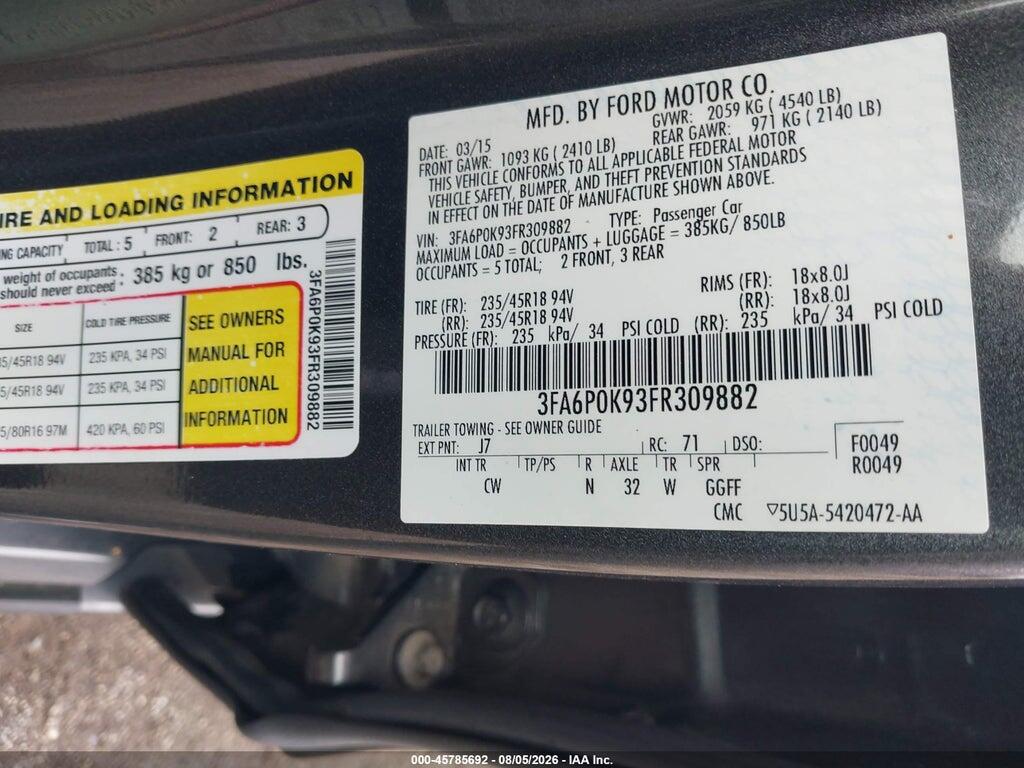 3FA6P0K93FR309882 2015 FORD FUSION photo no. 9