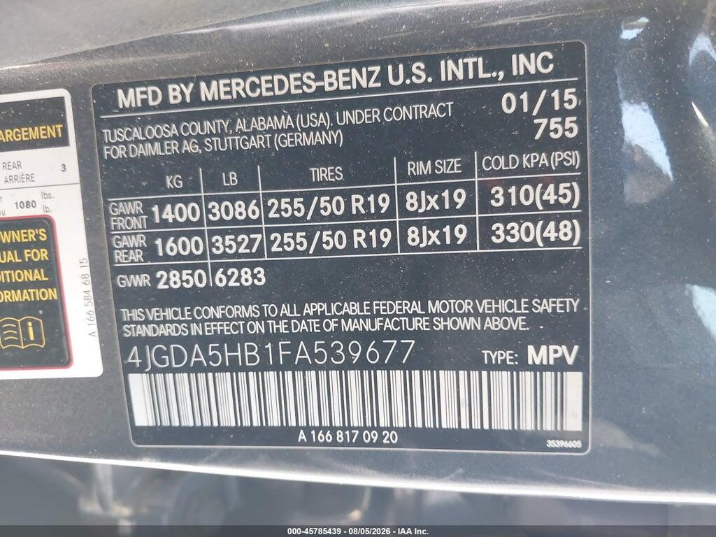 4JGDA5HB1FA539677 2015 MERCEDES-BENZ ML 350 photo no. 9