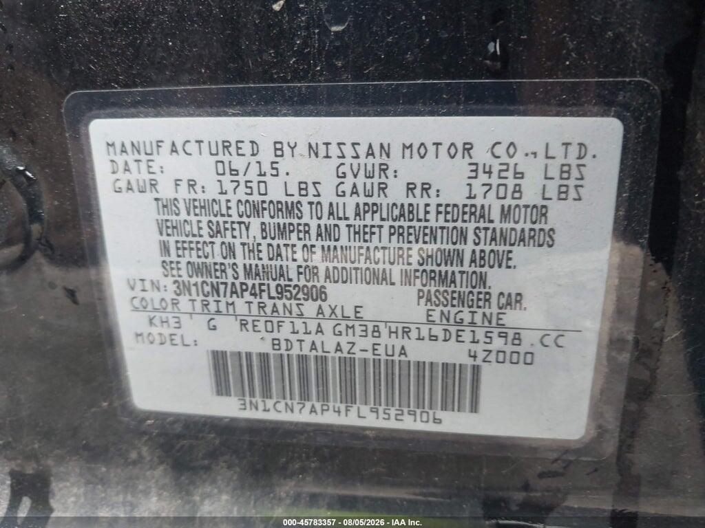 3N1CN7AP4FL952906 2015 NISSAN VERSA photo no. 9