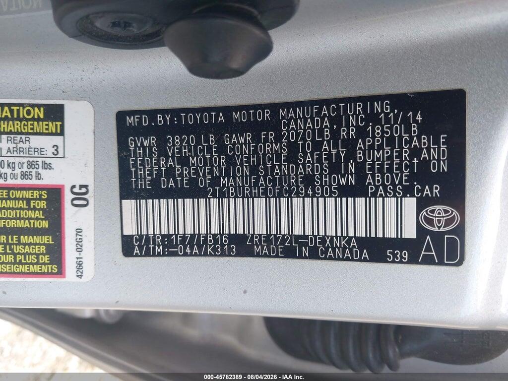 2T1BURHE0FC294905 2015 TOYOTA COROLLA photo no. 9