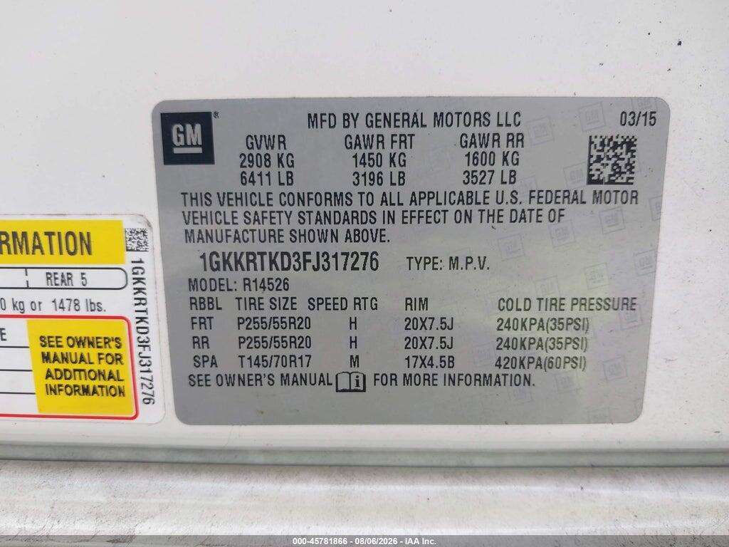 1GKKRTKD3FJ317276 2015 GMC ACADIA photo no. 9