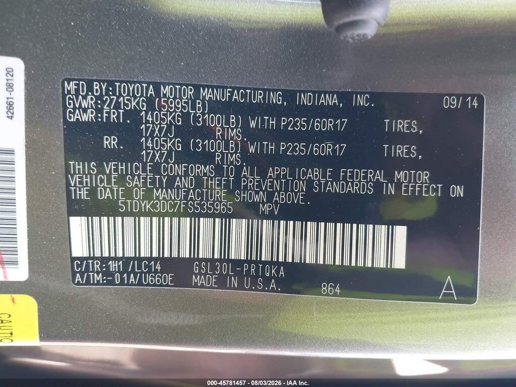 5TDYK3DC7FS535965 2015 TOYOTA SIENNA photo no. 9