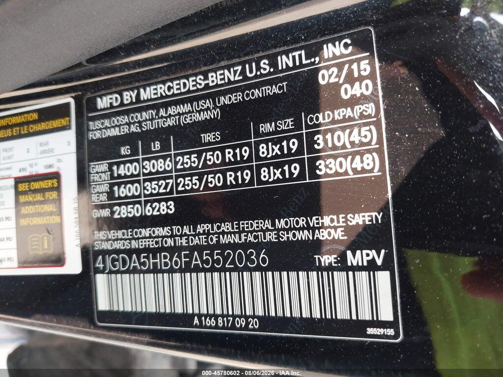 4JGDA5HB6FA552036 2015 MERCEDES-BENZ ML 350 photo no. 9