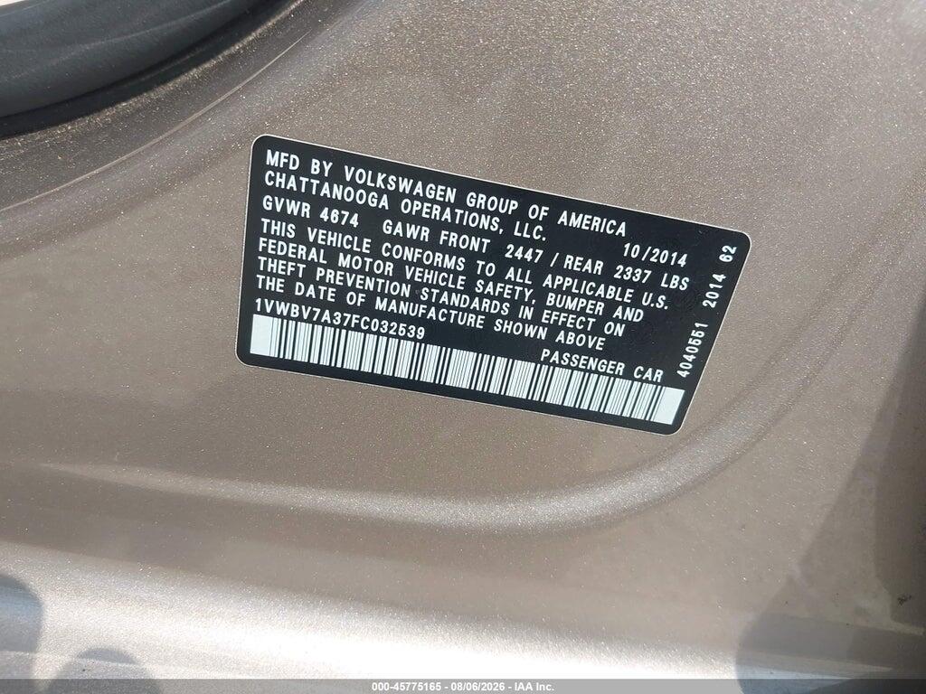 1VWBV7A37FC032539 2015 VOLKSWAGEN PASSAT photo no. 9