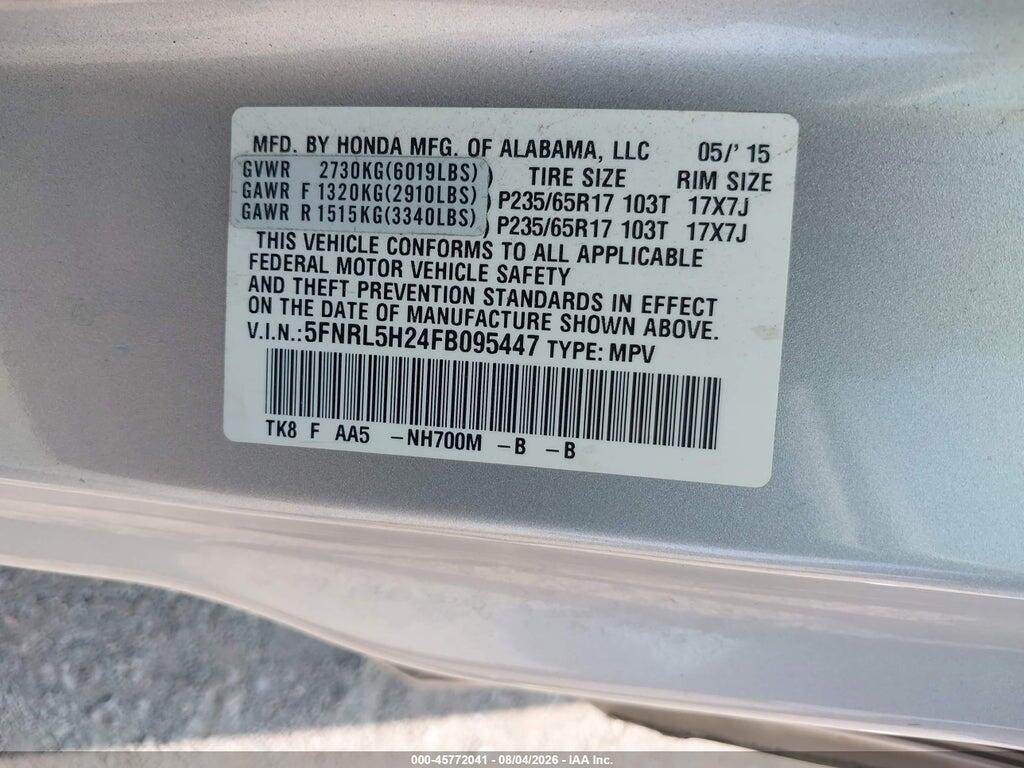 5FNRL5H24FB095447 2015 HONDA ODYSSEY photo no. 9