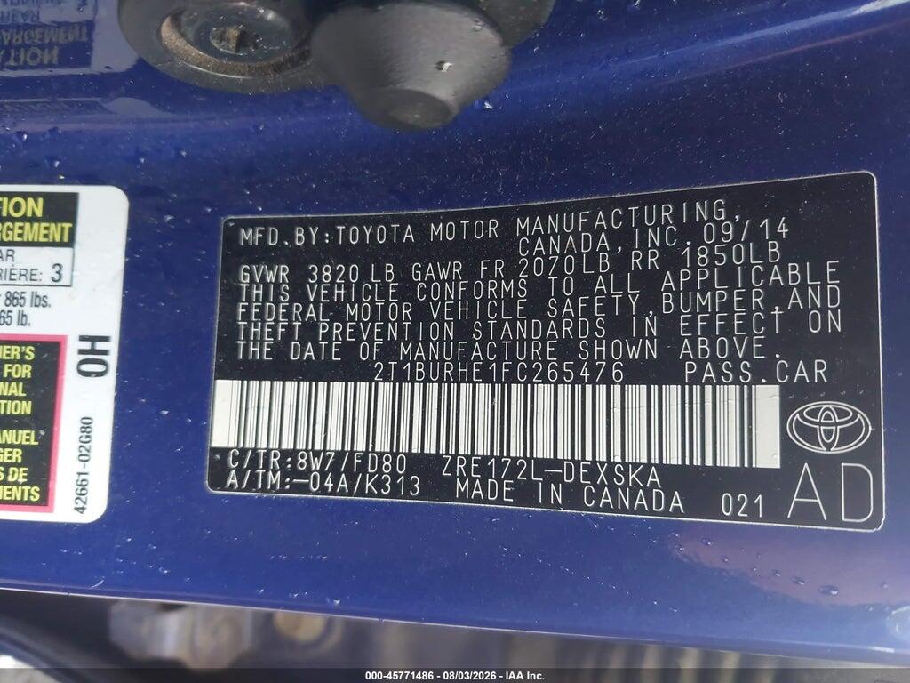 2T1BURHE1FC265476 2015 TOYOTA COROLLA photo no. 9