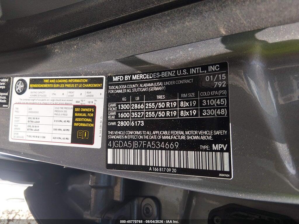 4JGDA5JB7FA534669 2015 MERCEDES-BENZ ML 350 photo no. 9