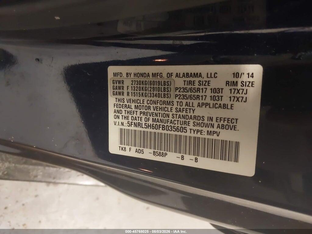 5FNRL5H60FB035605 2015 HONDA ODYSSEY photo no. 9