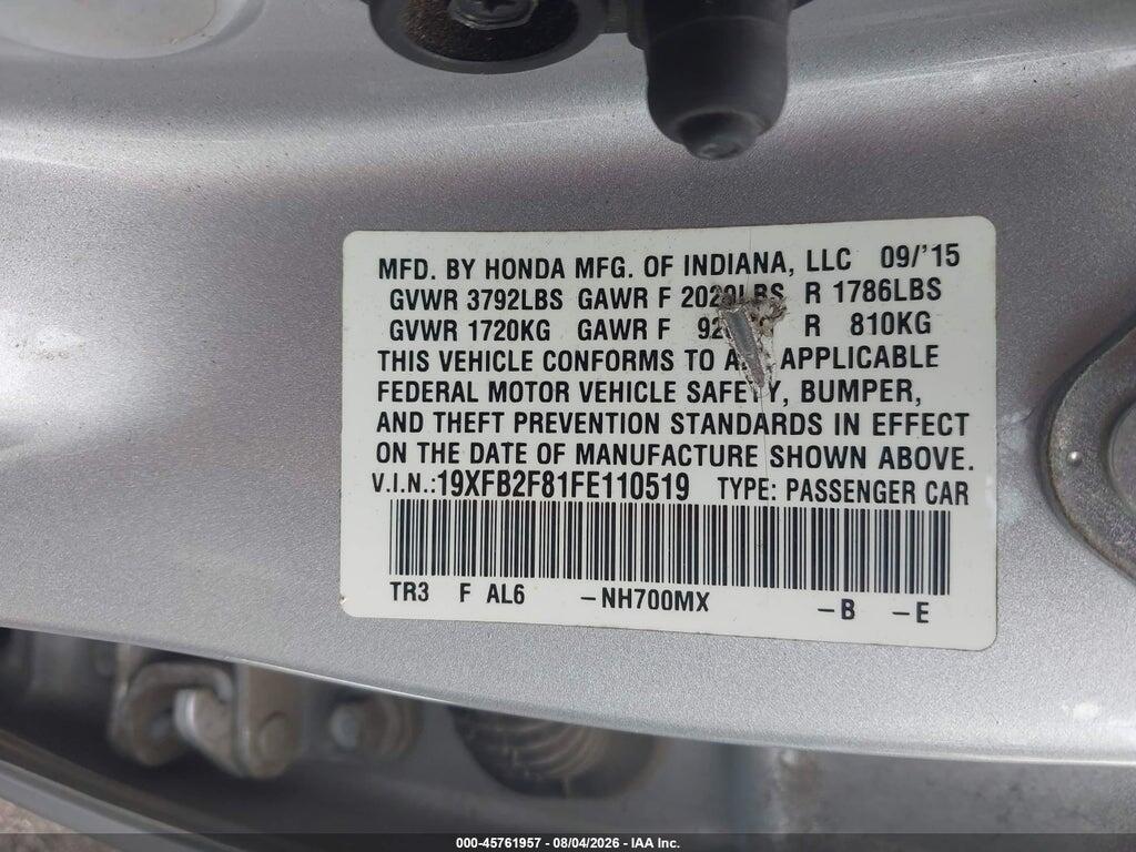 19XFB2F81FE110519 2015 HONDA CIVIC photo no. 9