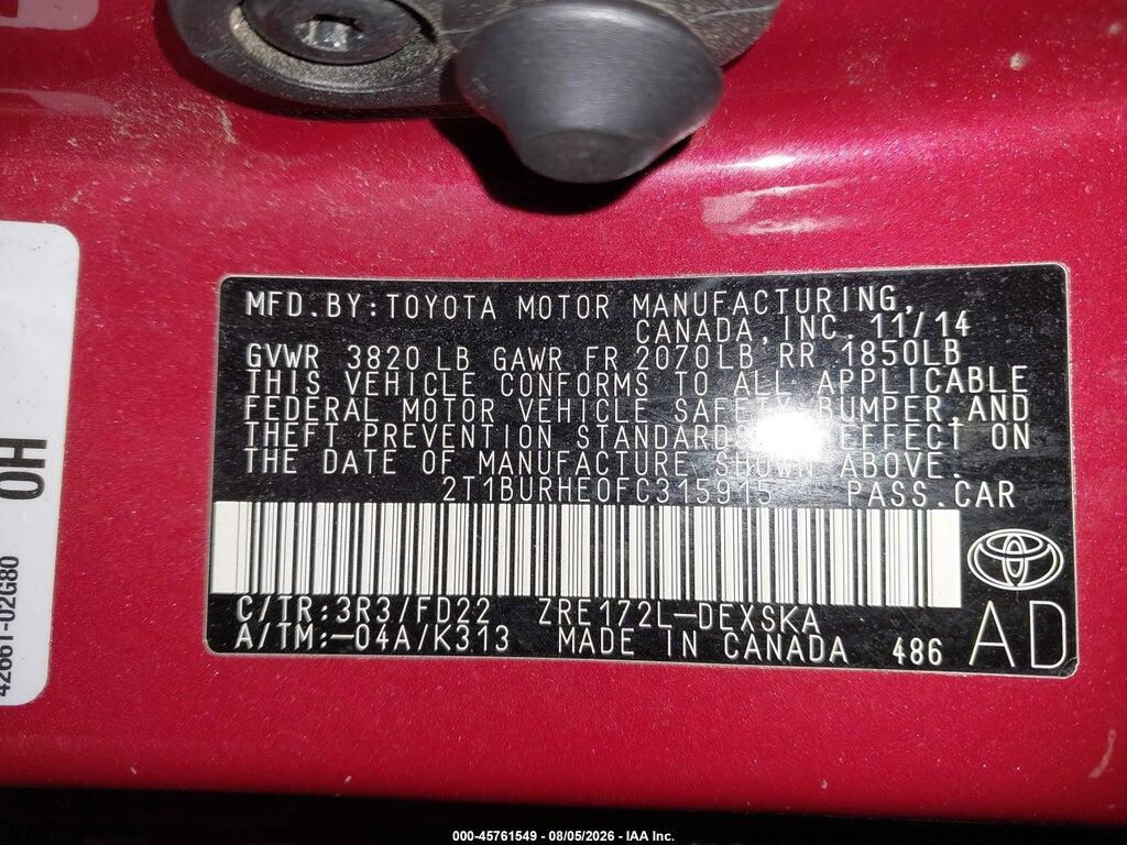 2T1BURHE0FC315915 2015 TOYOTA COROLLA photo no. 9