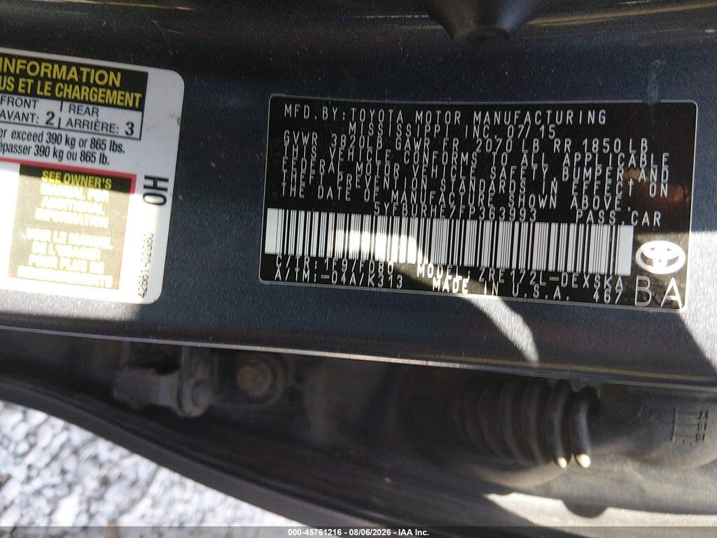 5YFBURHE7FP363993 2015 TOYOTA COROLLA photo no. 9