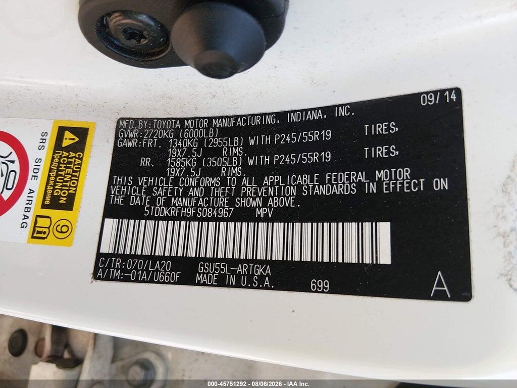 5TDDKRFH9FS084967 2015 TOYOTA HIGHLANDER photo no. 9