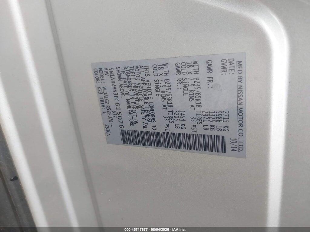 5N1AR2MN3FC615026 2015 NISSAN PATHFINDER photo no. 9