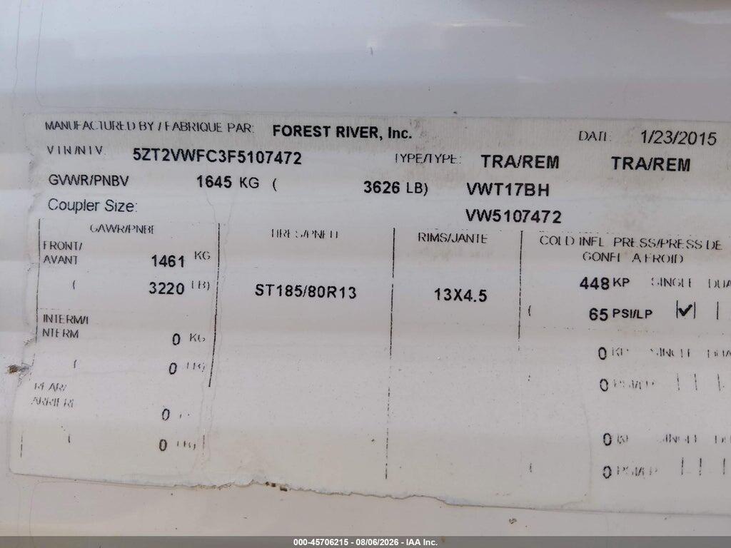5ZT2VWFC3F5107472 2015 FOREST RIVER VIKING 17BH photo no. 9