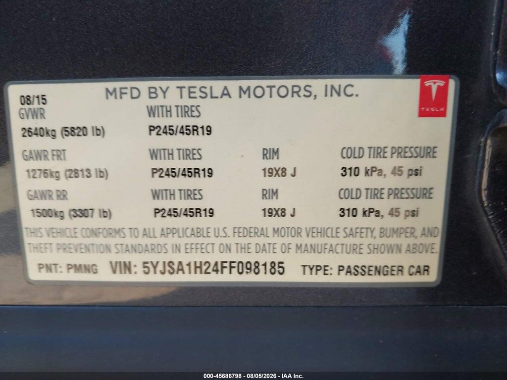5YJSA1H24FF098185 2015 TESLA MODEL S photo no. 9