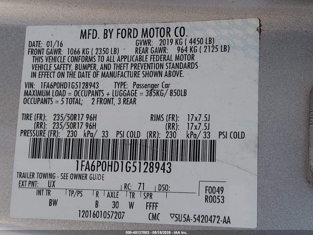 1FA6P0HD1G5128943 2016 FORD FUSION photo no. 9
