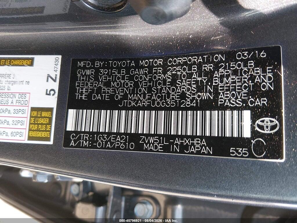 JTDKARFU0G3512841 2016 TOYOTA PRIUS photo no. 9