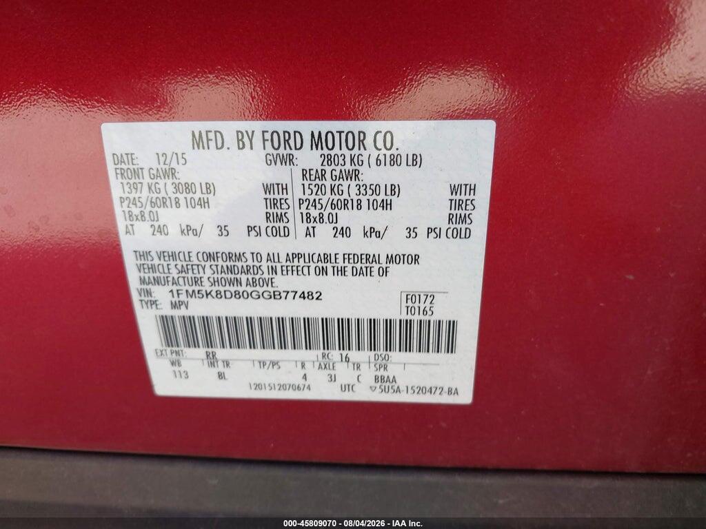 1FM5K8D80GGB77482 2016 FORD EXPLORER photo no. 9