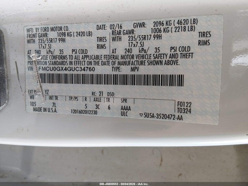1FMCU0GX4GUC34760 2016 FORD ESCAPE photo no. 9