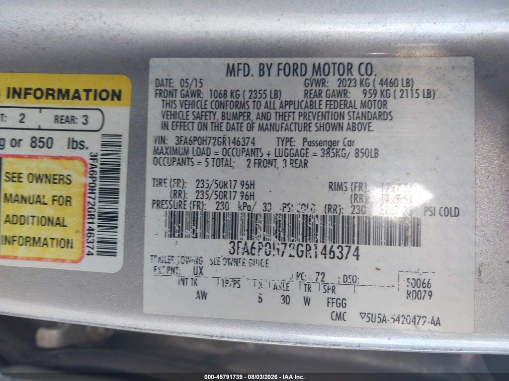 3FA6P0H72GR146374 2016 FORD FUSION photo no. 9