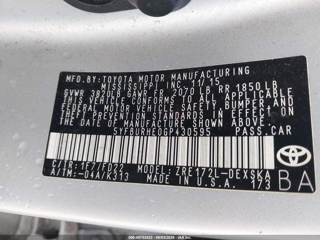 5YFBURHE0GP430595 2016 TOYOTA COROLLA photo no. 9