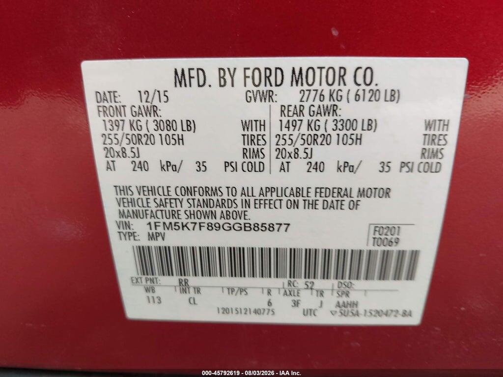 1FM5K7F89GGB85877 2016 FORD EXPLORER photo no. 9