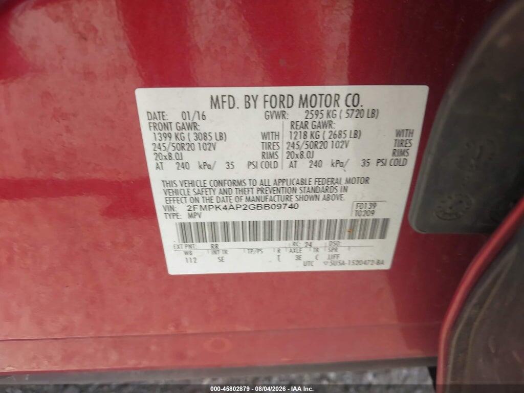 2FMPK4AP2GBB09740 2016 FORD EDGE photo no. 9