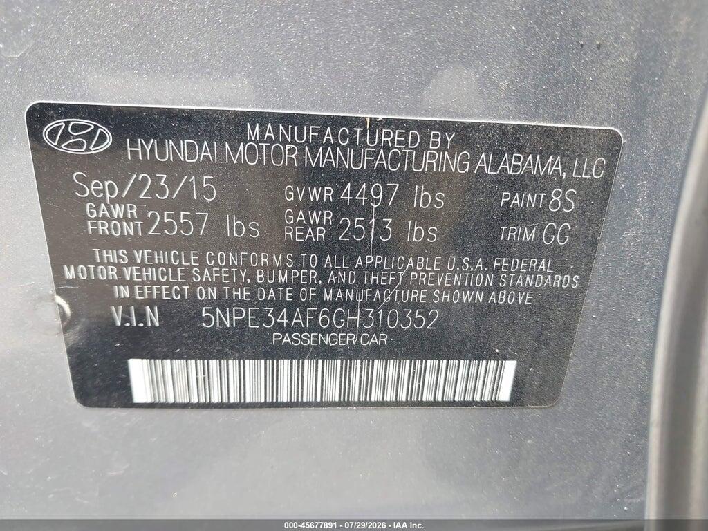 5NPE34AF6GH310352 2016 HYUNDAI SONATA photo no. 9