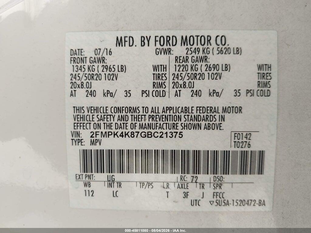 2FMPK4K87GBC21375 2016 FORD EDGE photo no. 9