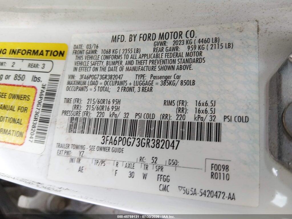 3FA6P0G73GR382047 2016 FORD FUSION photo no. 9