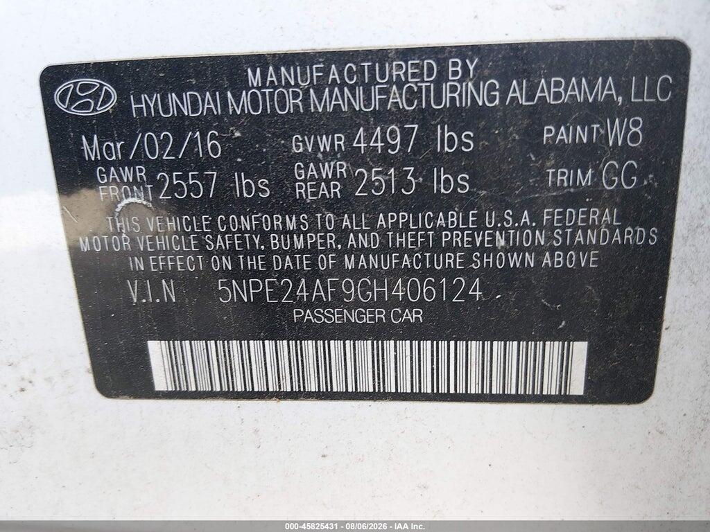 5NPE24AF9GH406124 2016 HYUNDAI SONATA photo no. 9